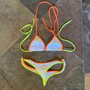 String Neon Bikini Thong Back White Neon Orange & Yellow XS Dancer Gear